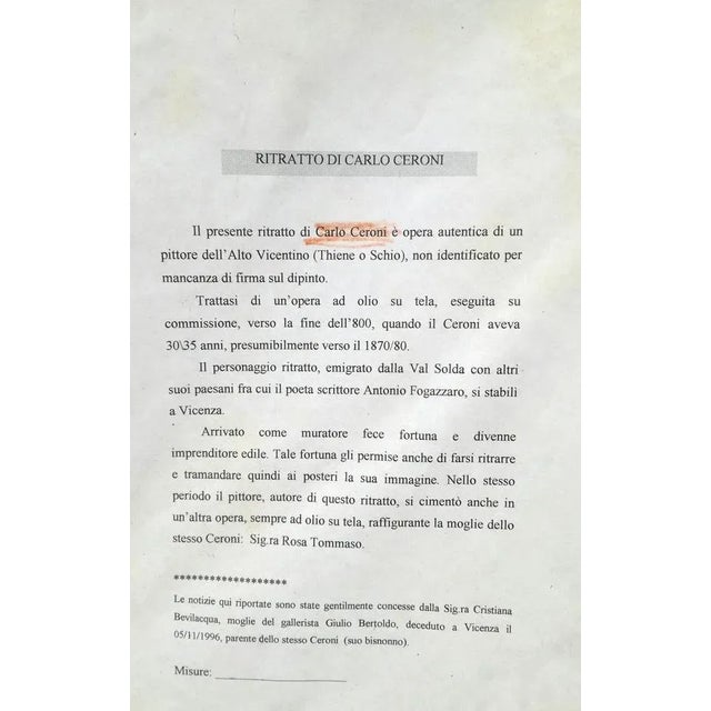 Carlo Ceroni, Portrait, 1870, Oil on Canvas, Framed For Sale - Image 4 of 6