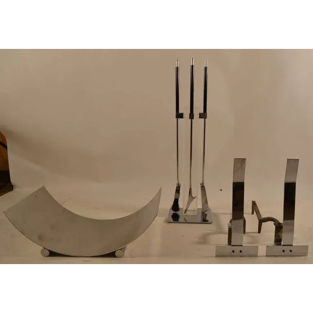 Hard to find complete modernist fireplace sets. This set includes the lucite and chrome tool stand, a large screen,...