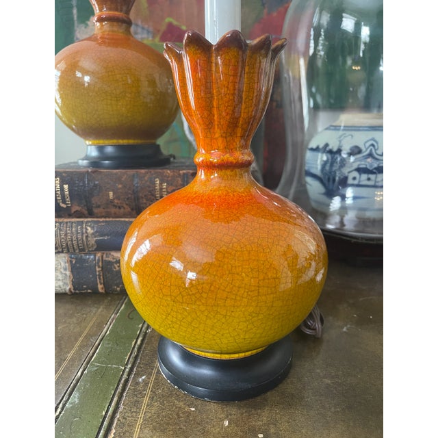 Mid-Century Modern 1950s Mid-Century Modern Orange Crackle Glaze Lamps - a Pair For Sale - Image 3 of 8