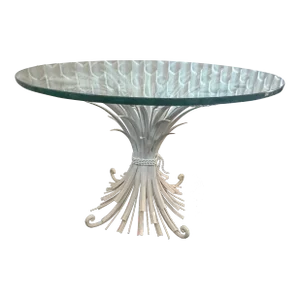 1960s Mid Century / Hollywood Regency White Powered Coated Wheat Sheaf Side Table With Glass Top