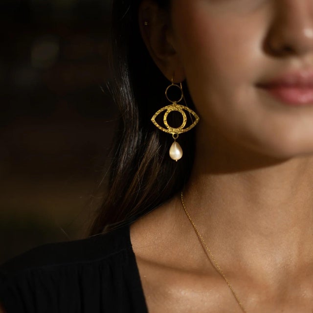 Guardian Eye Pearl Dangle Earrings, A Pair For Sale - Image 4 of 9