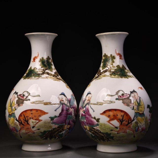 Chinoiserie Pair of Vintage Famille Rose Porcelain Vases With Figural & Deer Motifs For Sale - Image 3 of 10