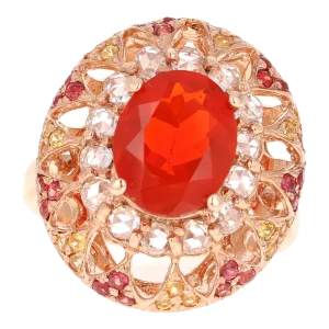 2.93 Carat Fire Opal Rose Cut Diamond Rose Gold Cocktail Ring Size 7