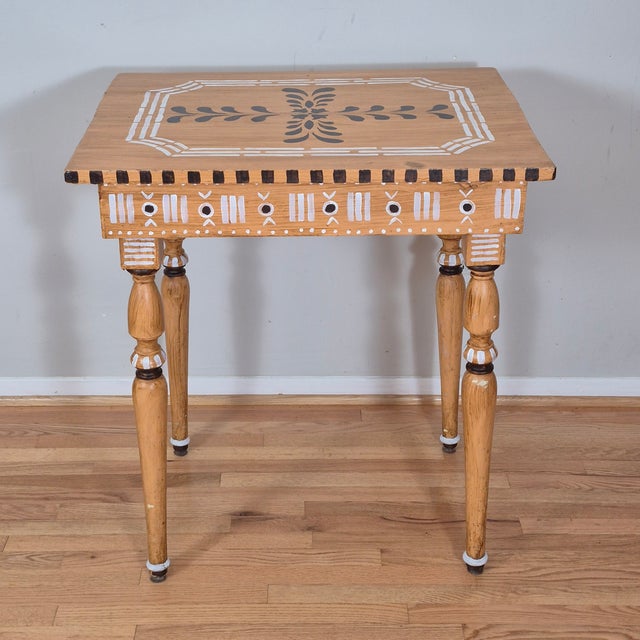 Wood Antique Rustic Hand Painted Mustard Yellow Black & White Tall Side End Table Work Table Small Desk W/ Turned Legs For Sale - Image 7 of 11
