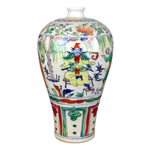 Chinese Vintage Ceramic Vase,Blue and White Famille Verte Porcelain Plum Vase Hand Painted Figures Pattern