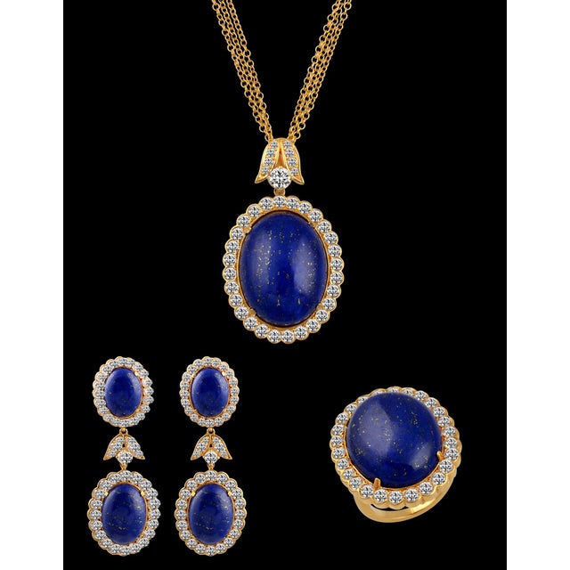Blue 15Ct Diamond & 30Ct Natural Lapis Lazuli Set 18 K Y Gold, Ring, Earring, Pendant For Sale - Image 8 of 18
