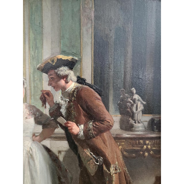 Prudent-Louis Leray Antique 19th Century French Oil Painting Interior Courting Scene For Sale In Los Angeles - Image 6 of 17