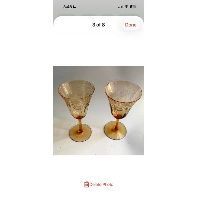 Art Deco 1920s Cambridge Glass Amber Etch No. 704 Water Goblets & Flat Soda Tumblers – Set of 4 For Sale - Image 3 of 4