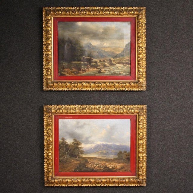 Antique Italian painting dated 1845. Oil on canvas, first canvas, depicting a landscape with mountains and wayfarers, of...