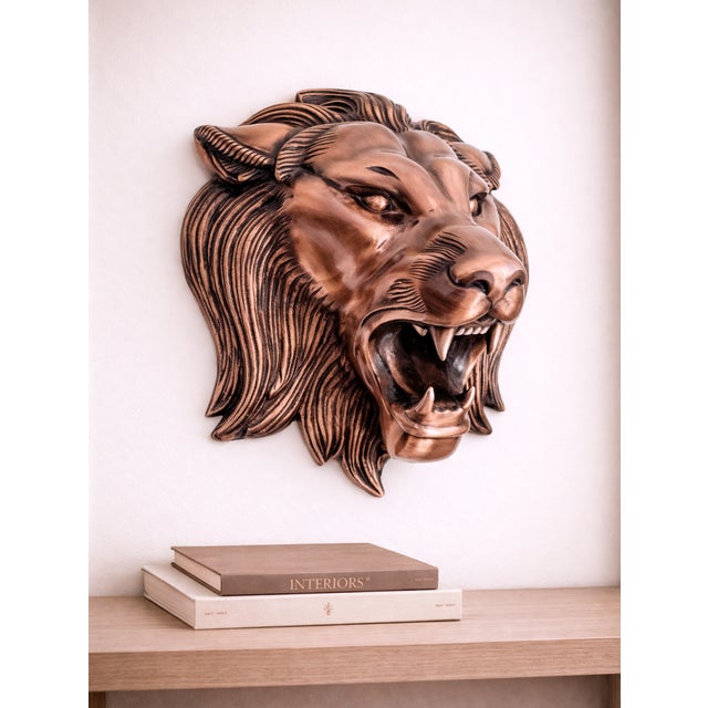 Modern Antique Copper Finish Metal Lion Head Wall Sculptures For Sale - Image 3 of 9