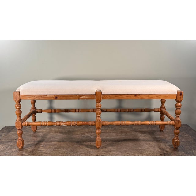 Wood Vintage French Country Style Wood Upholstered Bench With Turned Legs For Sale - Image 7 of 12