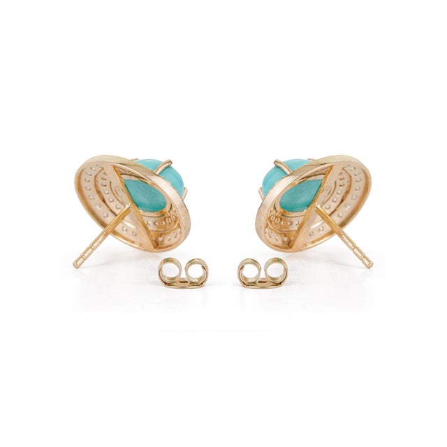 Turquoise 3.97Carat Turquoise & Diamond Double Halo Statement Earrings in 14k Gold- A Pair For Sale - Image 8 of 14