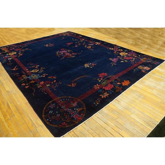 1920s Blue Navy Floral Medallion Vase Antique Chinese Art Deco Room Size Rug For Sale - Image 4 of 9