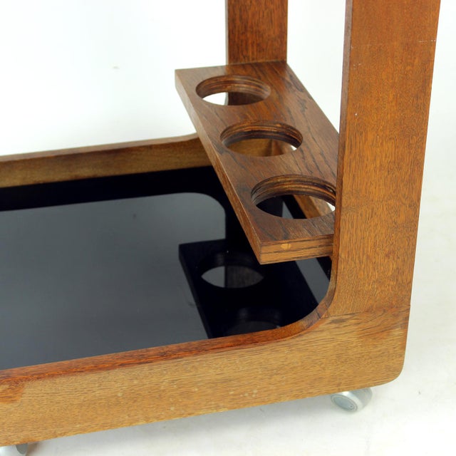 1960s Mid-Century Modern Wooden Bar Cart with Black Opaline Glass Tops, 1960s For Sale - Image 5 of 10