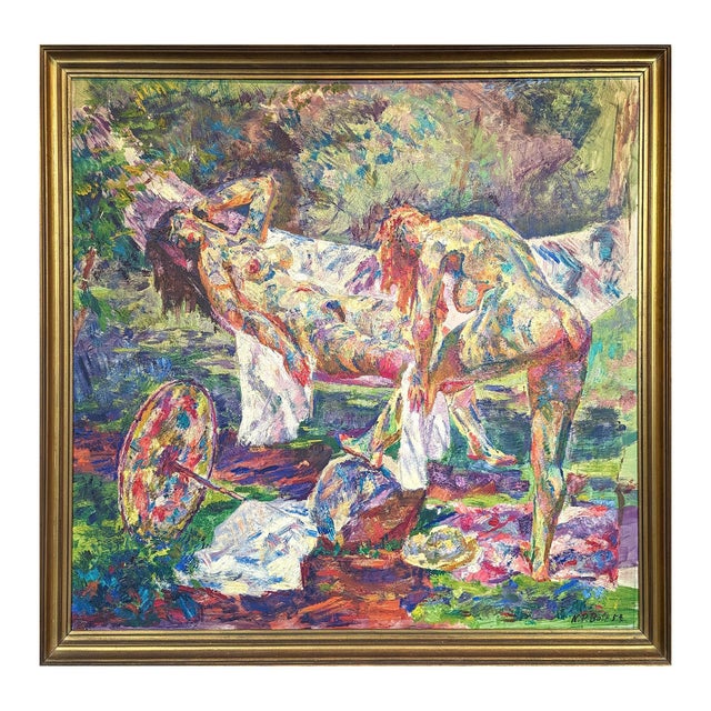 Niels Peter Bolt Early Naturalistic Painting of Two Lounging Nude Female Figures in Nature, 1954 For Sale - Image 4 of 11