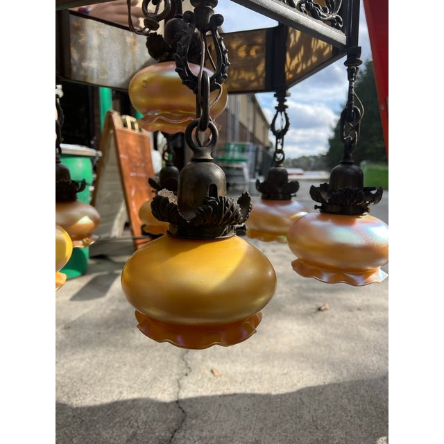 Metal Vintage Heavy Brass Detailed Chandelier With Stained Glass Accents For Sale - Image 7 of 12