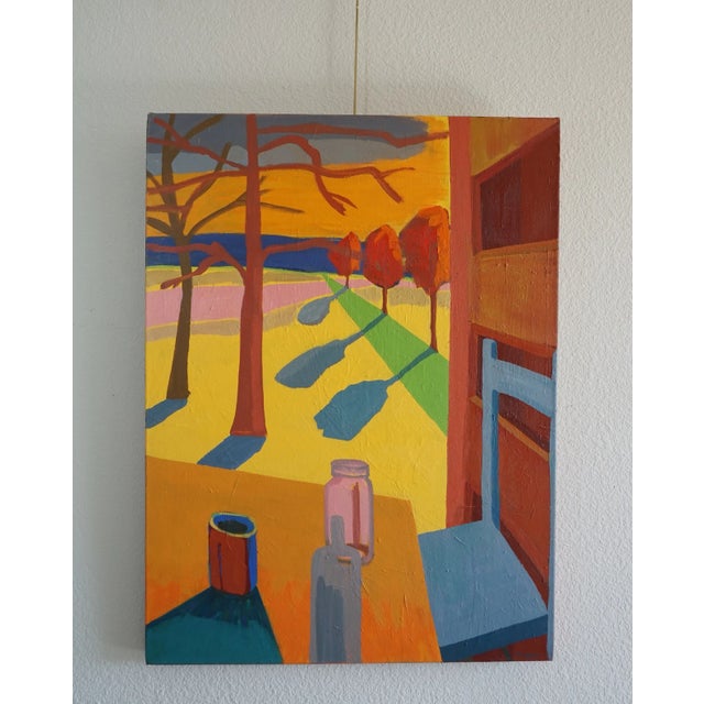 The theme of inside and outside spaces is a common one for me. Working from life, I reduce the composition to geometric...