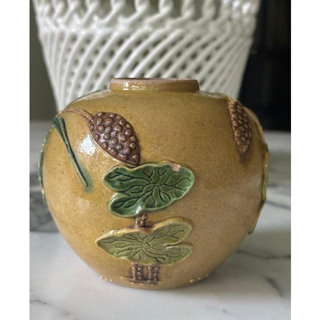 Antique Chinese Mustard Glazed Pottery Lotus & Crane Relief Vase / Ginger Jar For Sale - Image 15 of 16