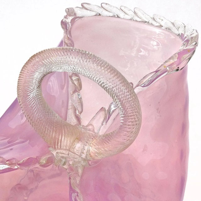 Glass Vintage Murano Large Pink Opalescent Gold Flecks Diamond Quilted Italian Art Glass Basket Flower Vase For Sale - Image 7 of 13