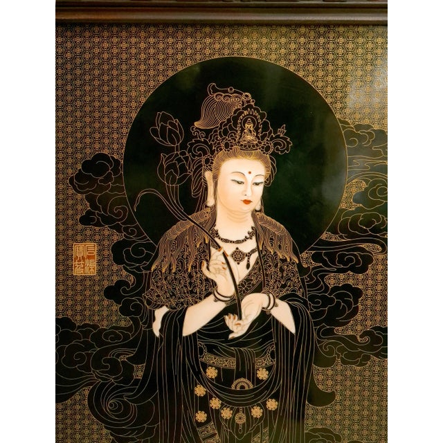 A Pair of Chinese Framed Porcelain Buddhist Temple Plaques of Standing Kuan Yin For Sale - Image 4 of 6