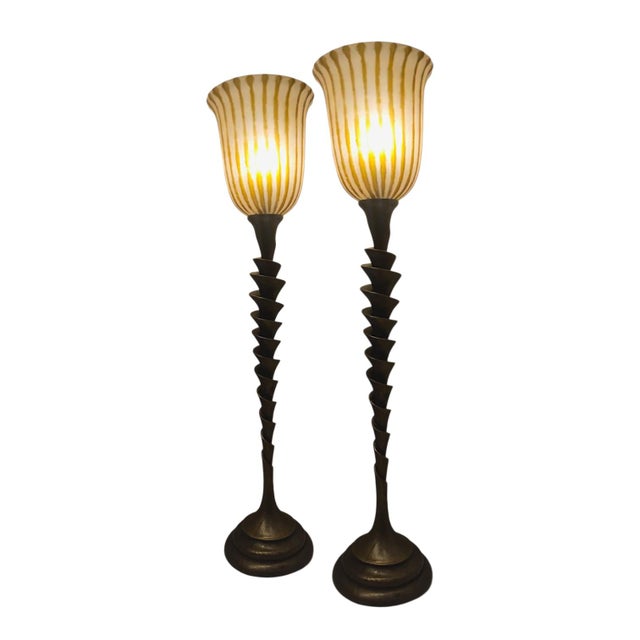 Spiral Cut Bronze Toned Torchiere Buffet Lamps With Tiger Striped Amber Glass Shades - A Pair For Sale - Image 14 of 14