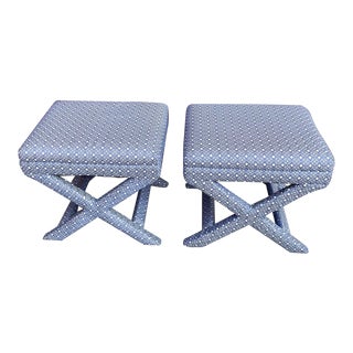 Clean Blue and White Upholstered X Base Ottomans - a Pair For Sale