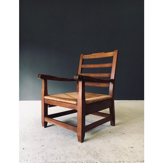 Rustic Rustic Oak & Rush Armchair, France, 1930s For Sale - Image 3 of 18