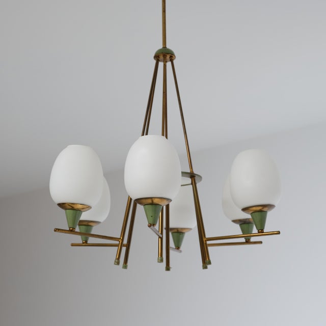Gold Vintage Italian Chandelier in Brass with Green-Lacquered Metal and Opaline Glass, 1950s For Sale - Image 8 of 12
