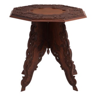 Anglo Indian Intricately Carved Teak Folding Campaign Table Octagon Top For Sale