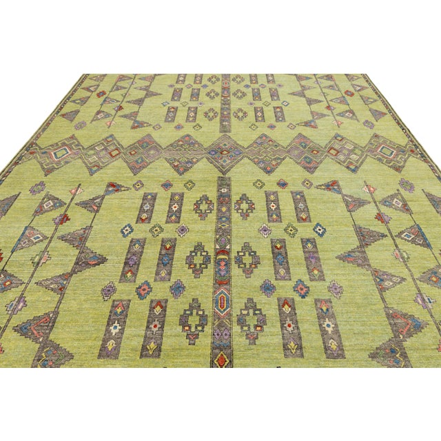 Modern Khotan Style Hand-Knotted Wool Rug - Green & Earth Tone Geometric Design For Sale - Image 10 of 11