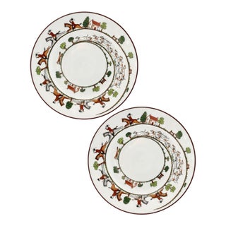 Mid 20th Century Crown Staffordshire Hunting Scene Salad Plates - a Pair For Sale