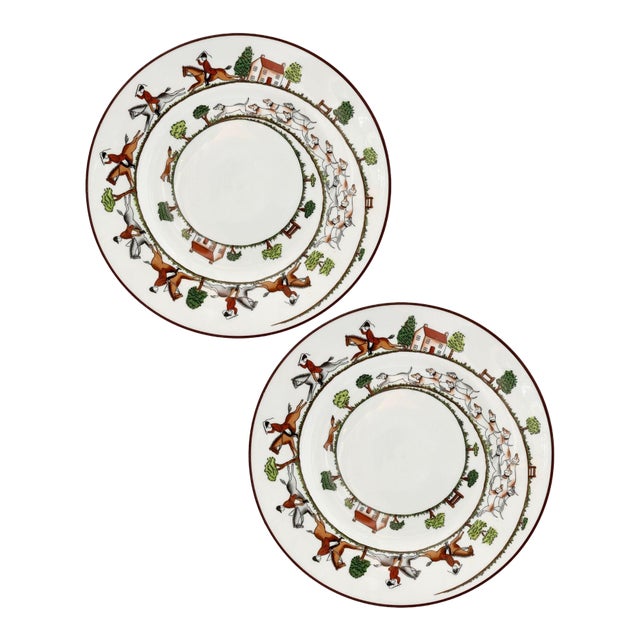 Mid 20th Century Crown Staffordshire Hunting Scene Salad Plates - a Pair For Sale