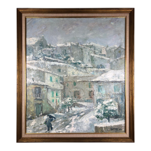Colorful Mid-Century Winter Village Painting, Signed P. Vorrasi, 1965