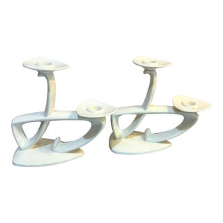 White Ceramic Mid Century Candle Holders Set of Two For Sale