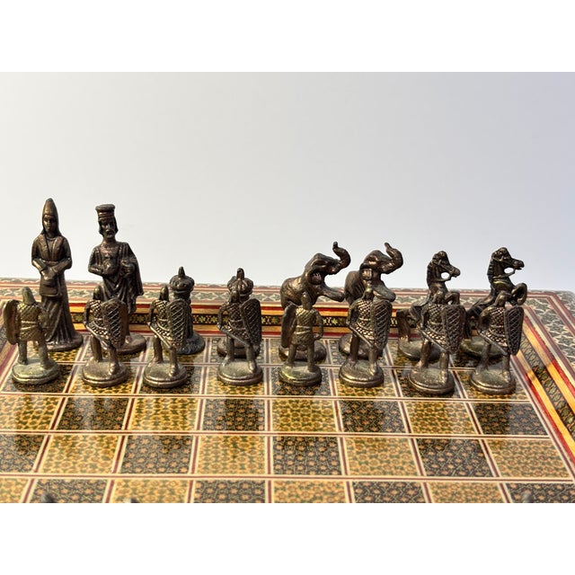 Vintage Persian Khatam Marquetry Chess Set With Figural Metal Pieces, Circa 1950 For Sale - Image 16 of 18
