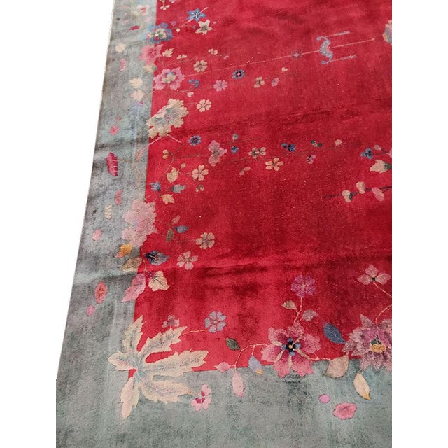 1920s Red Scarlet Foliate Antique Chinese Art Deco Carpet 9'2" X 12'8" Knotted Wool Rug For Sale - Image 9 of 10