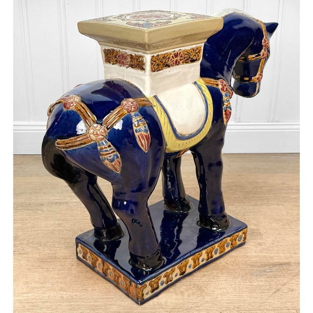 Late 20th Century Vintage Chinese Chinoiserie 24" Blue Tang Horse Plant Stand For Sale - Image 5 of 10