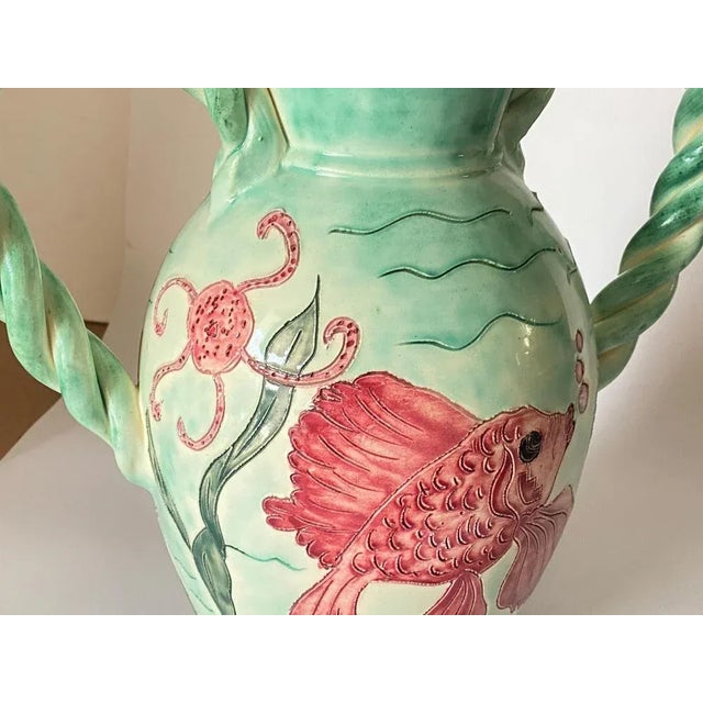 Hollywood Regency Large Pink and Green Painted Ceramic Vase from Vallauris, France, 1970 For Sale - Image 3 of 12