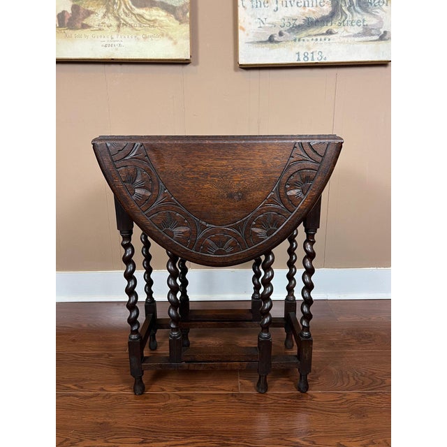 Petite Antique English Side Sofa Table Barley Twist Drop Leaf Gateleg Carved Oak For Sale In Dallas - Image 6 of 18