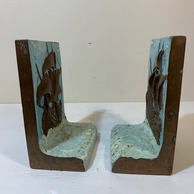Antique 1920s Painted Bronze Clad Tall Ship Mayflower Bookends - a Pair For Sale - Image 4 of 8