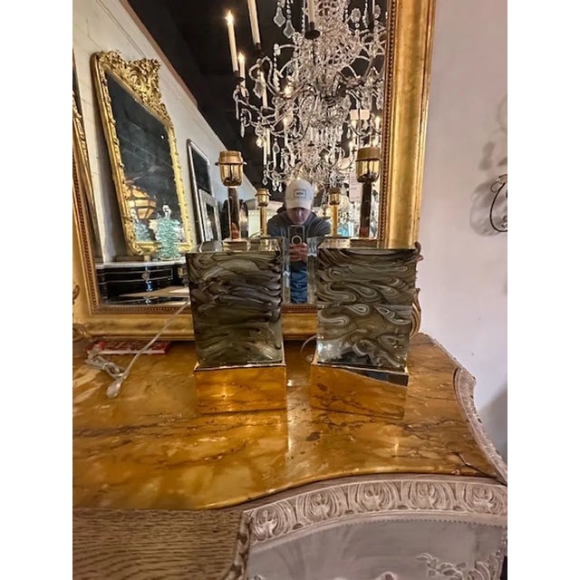 Great pair of modern Murano glass and brass block lamps in fume color. Perfect for today's transitional designs!