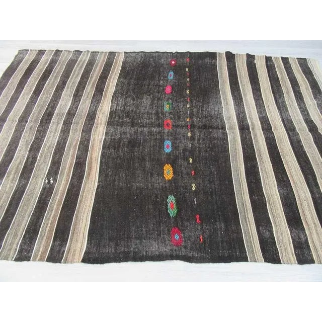 Handwoven Vintage Black & Grey Striped Kilim Rug For Sale - Image 4 of 6