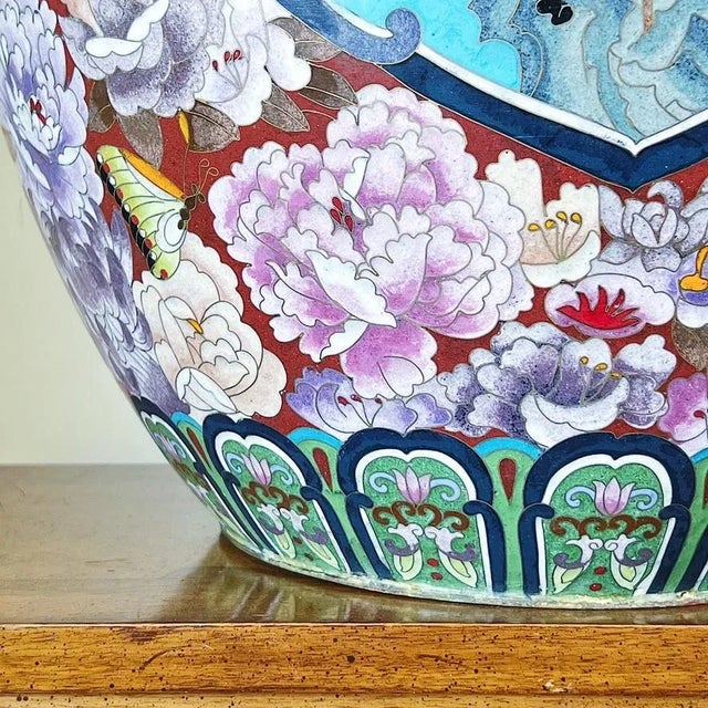 Japanese Early 20th Century Large Japanese Cloisonne Jardiniere Depicting Birds and Flowers, a Pair For Sale - Image 3 of 13