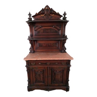 ​19th Century French Henri II Renaissance Revival Walnut & Rouge Marble Buffet Deux Corps For Sale