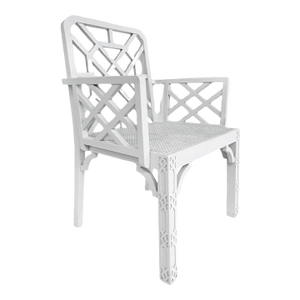 Late 20th Century Chinese Chippendale Pagoda Lattice Back White Painted Armchair With Caned Seat