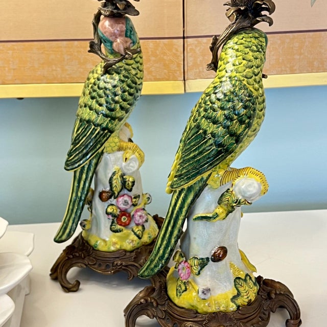 Vintage pair of bird figurine candle holders with bronze mounts // hand painted figurines // ceramic birds // elegant vintage decor For Sale - Image 4 of 10