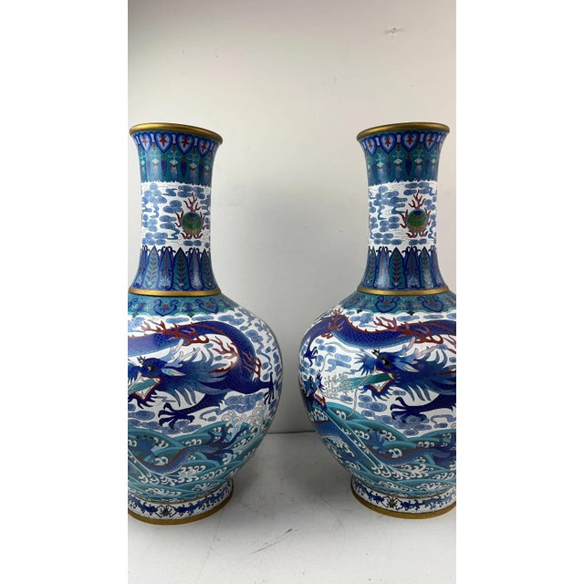 Monumental Pair of Chinese Cloisonne Enamel Blue and White Dragons Vases For Sale - Image 11 of 16