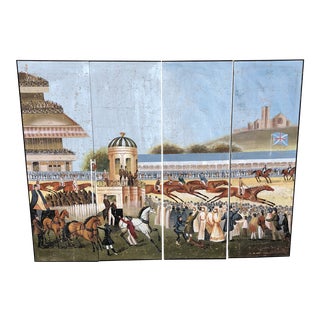 Vintage Day at the Horse Races Painted Mural Screen - 4 Pieces For Sale