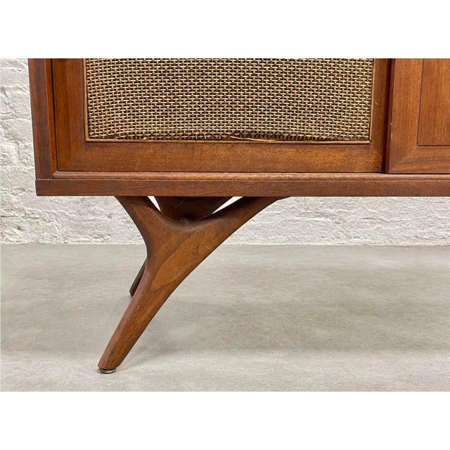 Wood Long + Low Mid Century Modern Walnut and Cane Credenza | Sculptural Kagan Style Wishbone Leg Sideboard, C. 1960's For Sale - Image 7 of 15