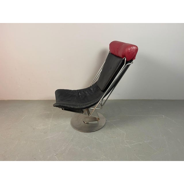 Metal Mid-Century Modern Danish Interdane Lounge Chair in Black and Red Leather by Oluf Lund for Trio-Line, Denmark, 1990s For Sale - Image 7 of 17